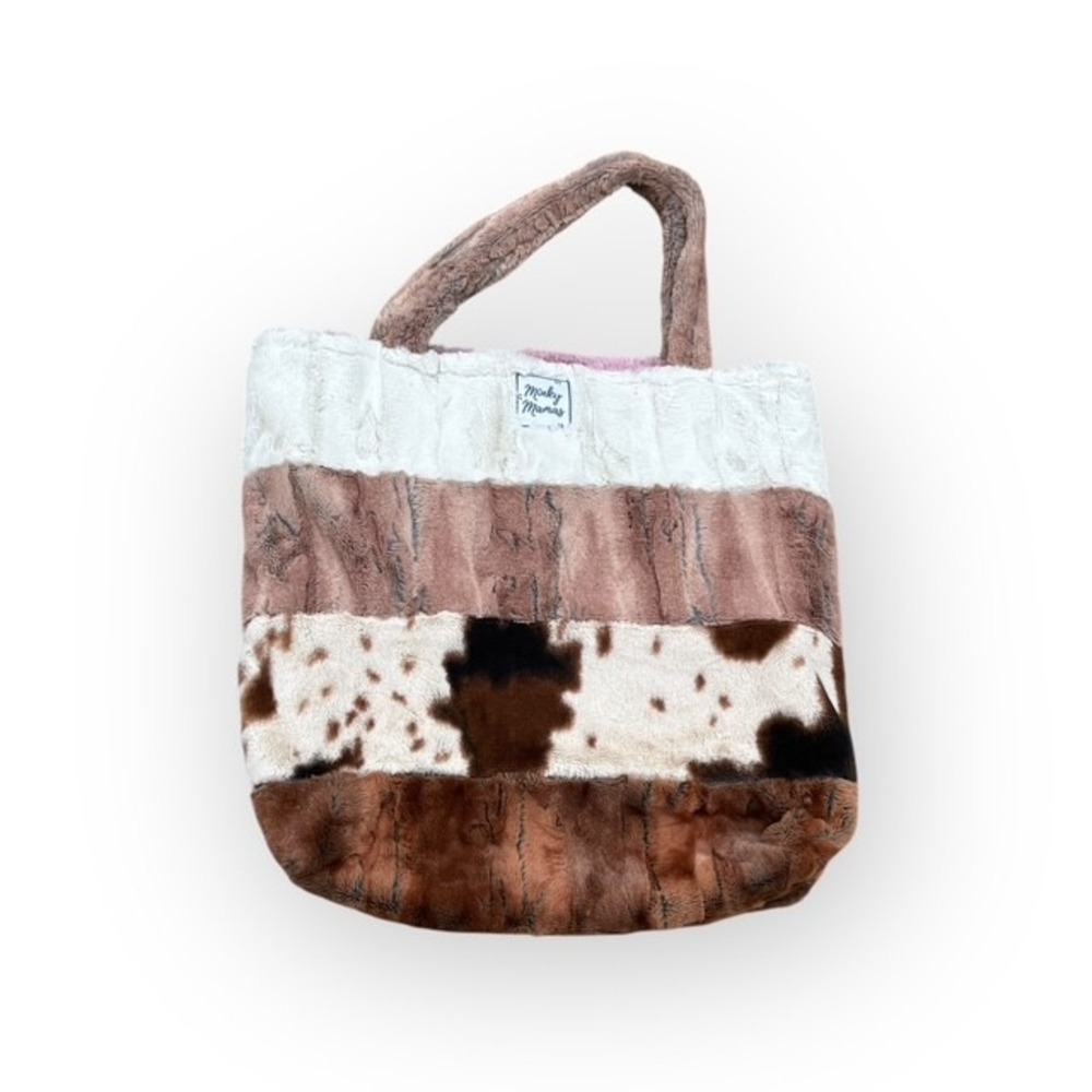 Minky Mamas Faux Fur Tote Bag Reversible Cowhide Stripe Plush Soft Handbag 20in